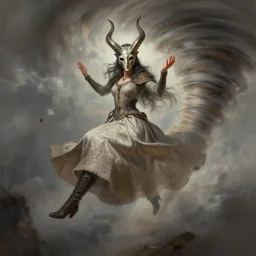 character concept art of sorceress wearing half horned mask and boots flying inside a tornado, full body shot, gown, crossing legs, raised hands, fantasy painterly style, intricate details, artwork by ross tran, artgerm, eimbrodered clothing