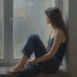 woman sitting by the window waiting for someone, low key acrylic painting, stunning masterpiece by a very talented artist , very beautiful
