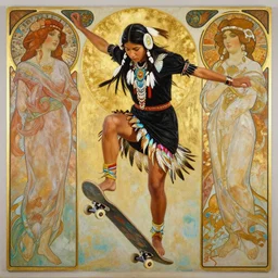 painting of a a native american indian girl doing a kick flip with a skateboard, artstation, mymodernmet, by brad kunkle, by amir ershadi, by ben enwonwu, by alphonse mucha, by sangsoo jeong, by soey milk, gold foil aureola, black dress of iridescent feathers, divine, saint, mixed media
