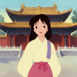 mulan in front of chinese temple, by mary blair