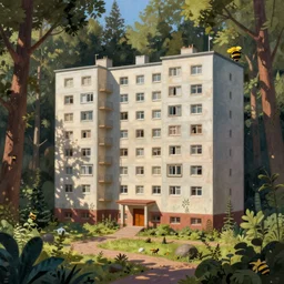 beautiful matte painting of cute soviet block of flats hrushevka in end of forest by beeple,