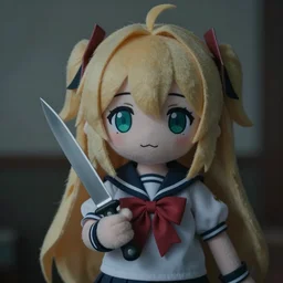 long shot photo of touhou cirno fumo plush holding a knife, dim dreary lighting, staring at camera