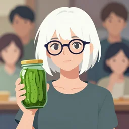 a girl with short fair hair and dark rim glasses, proudly holding a pickle jar, looking at the camera, clean cel shaded vector art. shutterstock. behance hd by lois van baarle, artgerm, helen huang, by makoto shinkai and ilya kuvshinov, rossdraws, illustration