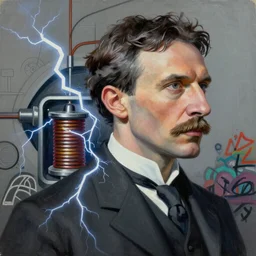 majestic futuristic visionary inventor nikola tesla profile picture by sachin teng, masterpiece, organic painting, matte painting, technical geometrical drawing shapes, lightning electricity coil, hard edges, graffiti, street art by sachin teng