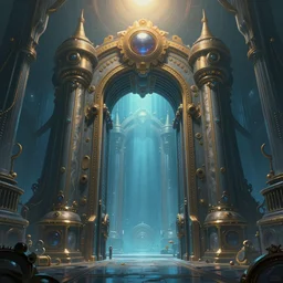 digital painting, huge ， highly detailed, sharp focus, warm top light ， concept art by raphael lacoste ， artgerm and john berkey, symmetric!! vanishing point,, artstation, smooth, steampunk gate to another dimension ， night, epic, surreal, octane render, illustration, aqua blue, dream, smooth, artstation