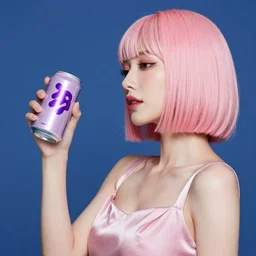 a woman with a very light pink bobcut in a silk light pink shoulderless dress holding up a light purple soda can with a purple design while facing left, plain bold dark blue background, medium close - up, shiny, photograph, glossy, vibrant, y 2 k, hyperpop, album art