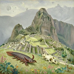 huge woodlouse, axolotl, bones of dead animals, solovetsky labyrinths, machu picchu, a landscape on the moon with many craters, tea terraces, a beautiful flowering garden, a lot of exotic vegetations, trees, intricate detaild, pale colors, 8 k, in the style of martin johnson heade and roger dean