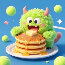 a tennis ball monsters eating fluffy lush pancakes with butter and syrup, colorful, digital art, fantasy, magic, chalk, trending on artstation, ultra detailed, professional illustration by basil gogos