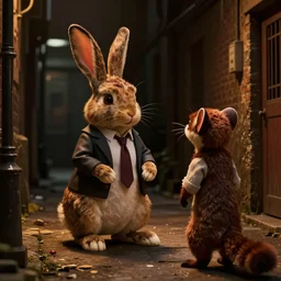 rabbit wearing a tie is talking to a detective ferret in a dark alley, warm color palette, night time, dramatic lighting, noir film, character sheet, fine details, high contrast, blacksad, kim jung gi, greg rutkowski, trending on artstation, 8 k, front view, back view, ultra wide angle