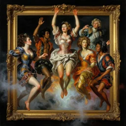 a baroque neoclassicist close - up painting of people of all races jumping out of picture frames. reflective detailed textures. glowing colorful fog, black background. highly detailed fantasy science fiction painting by moebius, norman rockwell, frank frazetta, and syd mead. rich colors, high contrast. artstation