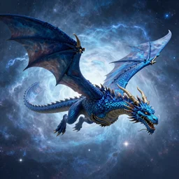 large blue dragon flying through nebula, by artgerm