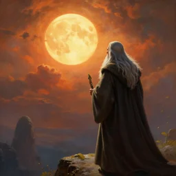 a beautiful painting of gandalf watching a huge sun in the sky of an alien world, ray traced lighting by jean kalin popov and greg rutkowski
