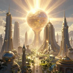 an futuristic solarpunk city with temples with a giant orb and bright sun rays 8 k highly detailed hyperornate by marc simonetti and caspar david friedrich, trending on artstation