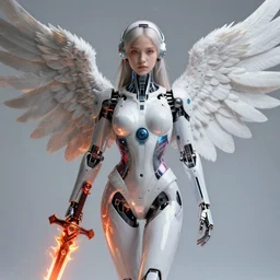 a beautiful gorgeous futuristic cybernetic angel girl with a fire sword, prostheses, transhumanism, full body shot, perfect symmetrical body, perfect symmetrical face, hyper realistic, hyper detailed, by johannen voss, by peter kemp, by monia merlo, by michelangelo, octane render, blender, 8 k