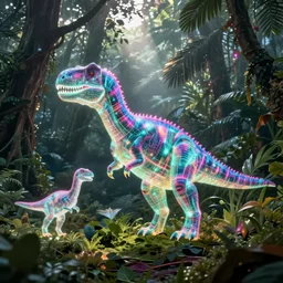 spectral neon glowing holographic dinosaur holograms, foggy jungle in the background, vaporwave concept art by greg rutkowski