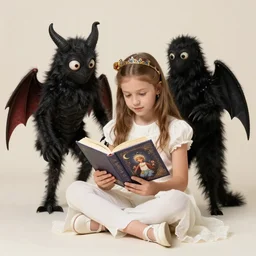 5 yasındaki cinli kız takım elbise giymis, elinde kitap, yanında bir canavar, portre cekimi. studyo ısıkları, 4 k