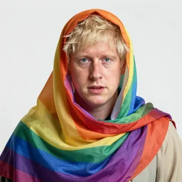 Boris Johnson wearing a rainbow coloured burka, trending on artstation, hyperrealism, photoshoot
