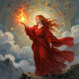 a mage casting a fireball, ginger hair with freckles inspired by annie, pale skin, face like daenerys and sophie turner, wearing long flowing red robes blowing in the wind inspired by alphonse mucha, standing on a mountain top, epic clouds and godlike lighting, intricate illustration and highly detailed digital painting. concept art by artgerm and larry elmore.