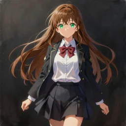 very realistic painting of a beautiful high school anime girl with green eyes and brown hair, pixiv, full body
