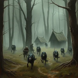 a painting of a group of medieval villagers being attacked by wolves in a foggy dense forest by greg rutkowski, dark fantasy art, high detail, trending on artstation