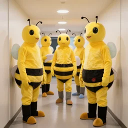 several men with bee costumes in the corridor of a capsule hotel