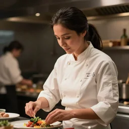 closeup portrait of an attractive female chef ( dark hair tied in a ponytail ) cooking a meal, ( ( wholesome, ) ) blurry background of the kitchen of a highend restaurant, bloom, medium shot, waist up, dramatic lighting, in the style of studio ghibli, j. c. leyendecker, greg rutkowski, artgerm