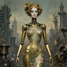 brass semi - mechanical woman, portrait, floral art nouveau dress, art by ardian syaf and moebius, heavy makeup, in steampunk cityscape