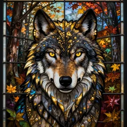 detailed stained glass art of a black wolf with gold patterns on its face, in an autumn forest at night, sharp focus, featured on artstation