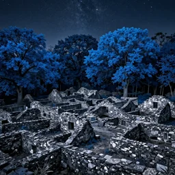 the ruins of a village made out of stone in a forest of blue trees at night, a night sky filled with stars, in the style of