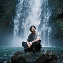wise shomolo sitting in a rock in front of a waterfall, cinematic, portrait, famous