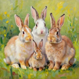 beautiful oil painting of rabbit family, vibrant