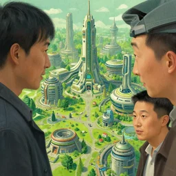 a geof darrow and victo ngai art work. a close up view of a scifi solarpunk town in the middle of the green. ultra clear detailed.