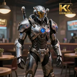 high quality portrait of a starcraft Protoss Zealot in a cyberpunk cyberpunk cyberpunk cafe, realism, 8k, award winning photo