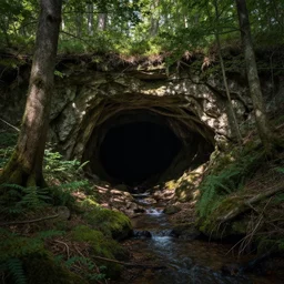 cave entrance surrounded by trees with a small water stream coming out of it, shadow, fantasy, highly detailed, art by greg rutkowski