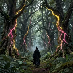 a gothic wizard of old walking through an open field in a beautiful forest of ancient neurons with yellow and pink glowing synapses running through the forest, light creeps through the dense jungle, huge incredibly immense trees, highly detailed, hyperrealism, trending on art station, ancient forest like fanal forest or fangorn forest, misty forest, realistic painting, sharp image, hyper realistic art, highly detailed leaves, cinematic, art by konstantin razumov, chiaroscuro