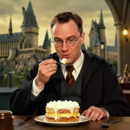 Forrest gump eating a cake in hogwarts, digital art, highly detailed, in the style of Mandy Jurgens