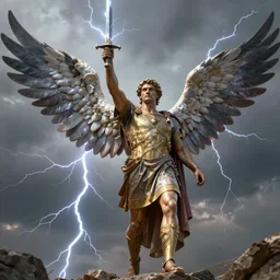 Julius Caesar rising sword with wings, lightning, 4k, unreal engine,