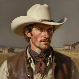 a man, cowboy hat, portrait, wild west, fantasy, highly detailed, digital painting, artstation, concept art, sharp focus, illustration, art by J. C. Leyendecker and norman rockwell and artgerm and greg rutkowski and alphonse mucha