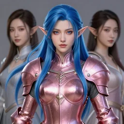 a beautiful and highly detailed digital portrait of a dignified elf with long blue windswept hair in a rose gold breastplate by artgerm, jia ruan, and lu ji, centered, artsation contest winner, cgsociety, fantasy art, cryengine, concept art, photorealism, daz 3 d, sketchfab, zbrush, vray