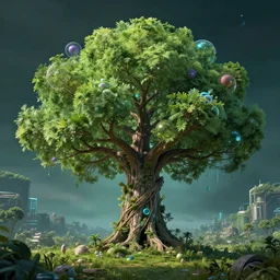 hyperrealistic artwork centered symmetrical sustentability science spirit tree regenerative technologies to disruptive creation sci cyberpunk nature futures