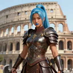 frontview portrait of gladiator warrior lady, young, beautiful, light japanese features, dark skin, light blue hair, ponytail, blue lipstick, brown heavy armor, axes, posing, coliseum background, highly detailed, smooth, sharp focus, digital painting, artgerm and greg rutkowski and alphonse mucha, comic book cover art