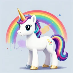 photo of a unicorn. behind the unicorn rainbow paint splatters