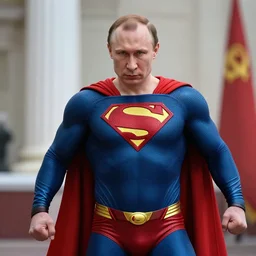 vladimir putin as superman, soviet son, realistic, cinematic, action pose