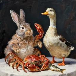 still life painting of a fat crab lobster fish dancing with a laughing tall duck rabbit on a white table, high contrast lighting, impressionism, real fur, real feather