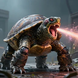 a giant robotic turtle lasers from its mouth, photo realistic, highly detailed 8 k cinematic.