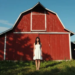 a young woman in!! the shadow! of a red barn!. black hair, white! dress, sharp focus, wide angle, digital art by eddie mendoza, trending on artstation