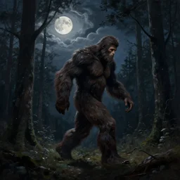 bigfoot walking in forest, surreal photography, moon light, dark night, dramatic, impressionist painting, clouds, digital painting, artstation, simon stalenhag