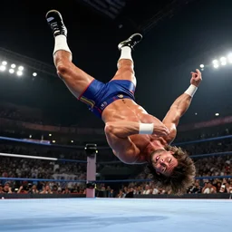 Macho Man Randy Savage performing elbow drop from space. Extreme wide angle!! very low perspective! High Quality, 4k