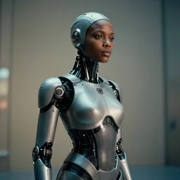 a science fiction film still of a black woman as a cybernetic cyborg, surrealism, film photography