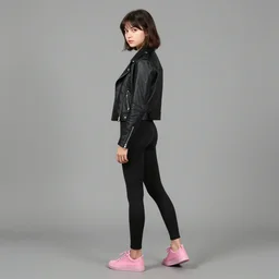 Sideview of Girl in jet black biker jacket, jet black leggins, pink shoes, looking at the camera!, relism, matte painting, by Albert Aublet, Krenz Cushart, WLOP, Sakimichan